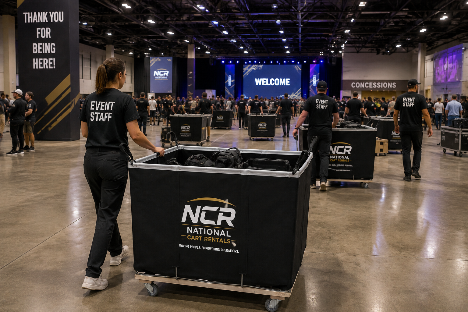 Event staff managing carts at a convention center