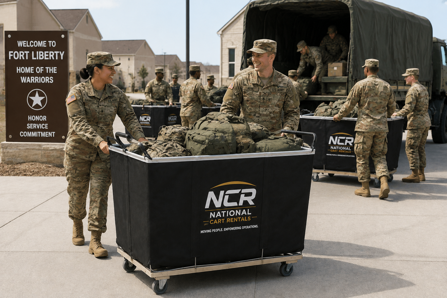 Military personnel using carts for equipment and logistics support